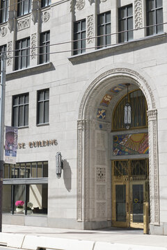 historic 1928 Art Deco fa&ccedil;ade and signage of the Concourse Building, designed by Baldwin and Greene, incorporated into the EY Tower at 100 Adelaide Street West, Toronto