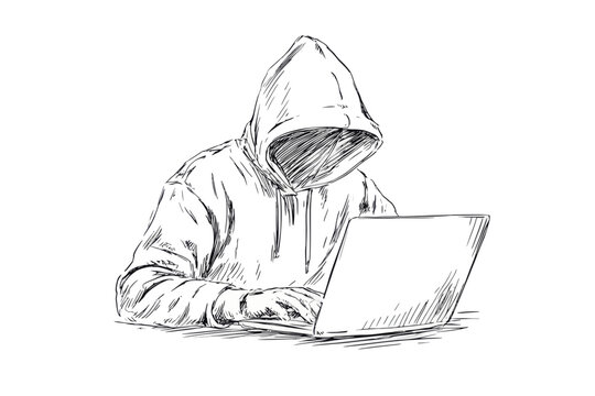 Hooded figure typing at laptop in sketch style illustration
