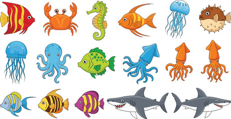 Fototapeta premium Cartoon Sea Creature Collection Featuring Fish, Sharks, Octopus, Jellyfish, Crab, Seahorse, Squid, and Pufferfish for Underwater, Kids, and Marine Design Projects.