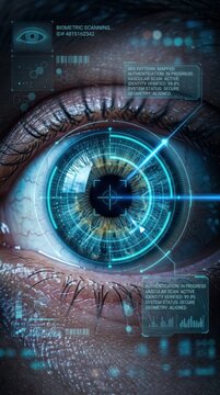 Eye undergoing biometric iris scan with digital data interface overlay. Security system performing identity verification and personal authentication. Futuristic cyber technology concept.