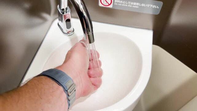 A male hand washing under a running faucet, water splashing into a white sink, shot from first person point of view.