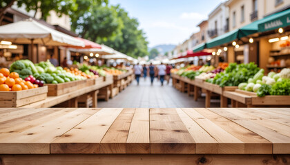 Fototapeta premium Empty wooden table with blurred outdoor farmers market and colorful produce stalls.