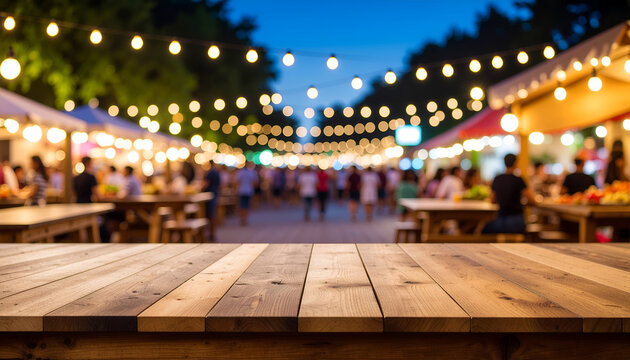 Wooden table with bokeh lights at outdoor night food market.