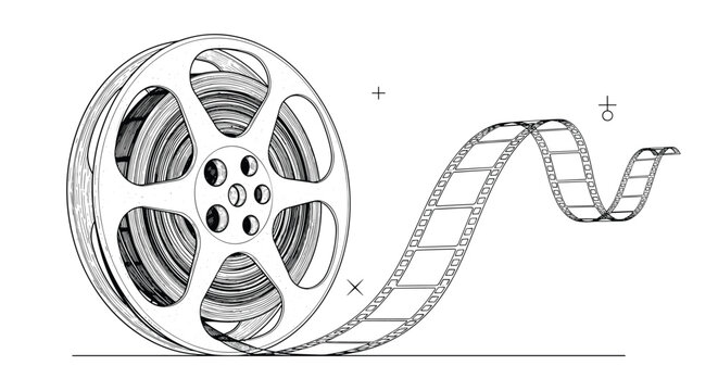 Classic vintage film reel with a long strip of unspooled film tape in a detailed retro black and white sketch.
