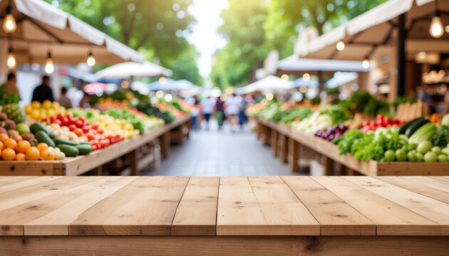 Empty wooden tabletop with blurred farmers market produce.