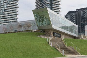 Naklejka premium wide view of Toyota On the Park, with vehicle display gallery, at 1077 Leslie St (with view of Auberge on the Park Condos), Toronto