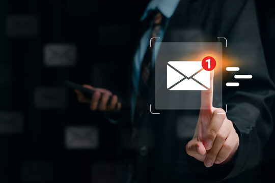 notification alert message, user pressing email icon with new message notification interface, digital communication and inbox management concept