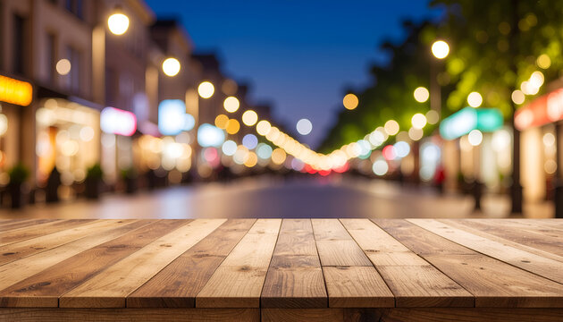 Empty wooden table with night city bokeh street background.