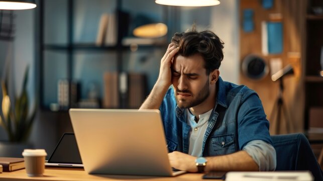 Stressed man suffering headache working on laptop in office