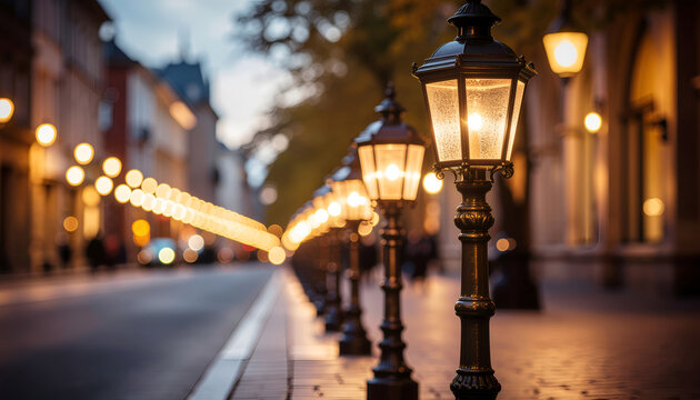 Glowing vintage street lamps along historic city avenue at dusk.