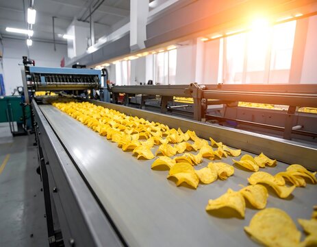 Potato chips moving on a conveyor belt in a factory
