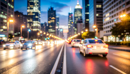 Obraz premium Wet city street with evening traffic and blurred lights in modern skyline.