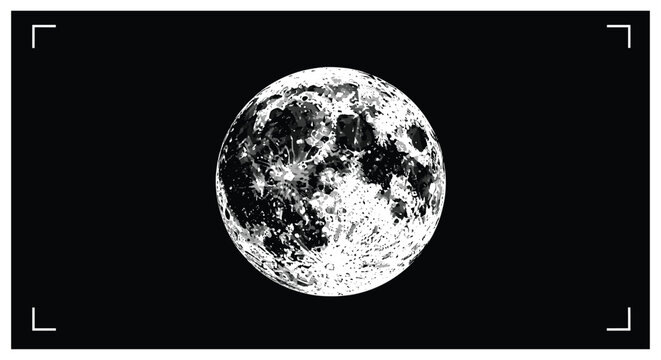 High contrast black and white image of the full moon with detailed craters and lunar geography in a dark frame.