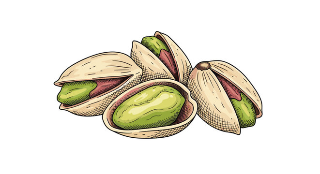 Detailed hand drawn illustration of open pistachio nuts showing green kernels inside beige shells on white background.
