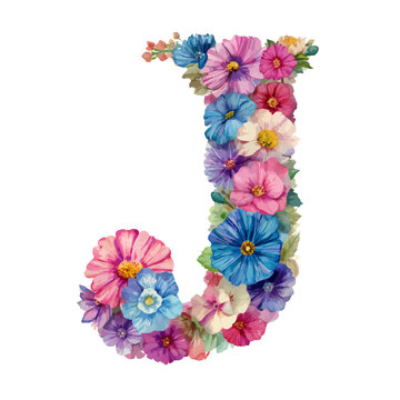 Floral letter j composed of colorful assorted flowers in creative design