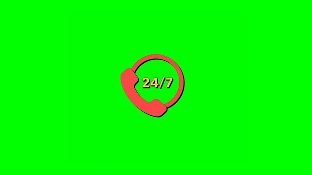 Animated Red Floating Icon of Call Center Operation Overview 24/7 Round-The-Clock Support and Communication on Green Background