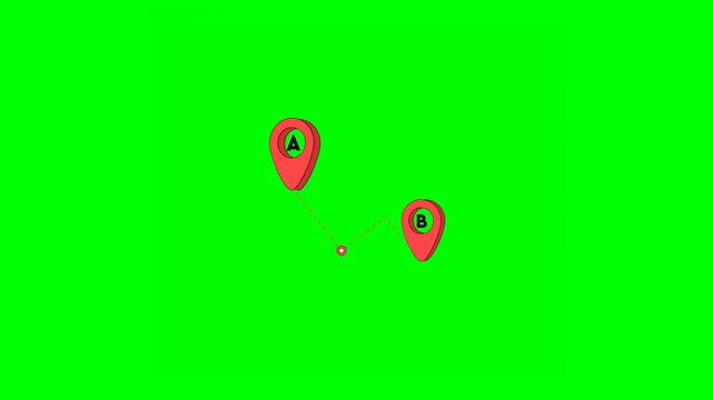 2D Animation of Dancing Red Route PINs for Travel Navigation From Starting Point to Destination With Indicators on Green Background on Green Background