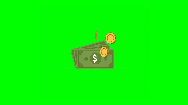 2D Animated Collection of Banknotes Bills and Coins With Dollar Symbol Floating on Green Background