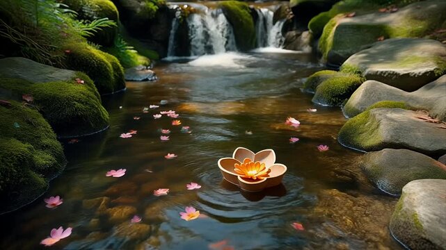 Tranquil Waterfall Pond Scene with Floating Flower Lantern.