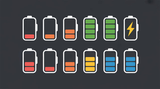 Set of twelve battery charge level indicator with varying levels of power, featuring red, orange, yellow, green, and blue colors, including a charging symbol on a dark gray background