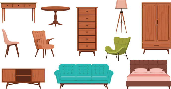 Cartoon illustrated furniture collection including desk table dresser lamp wardrobe chairs sofa bed creative colorful home interior artwork scene