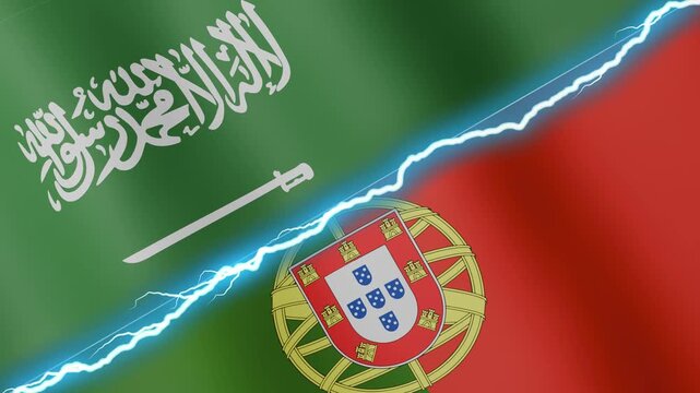 Two waving flags Saudi Arabia and Portugal with diagonal lightning seamless, 4k loop