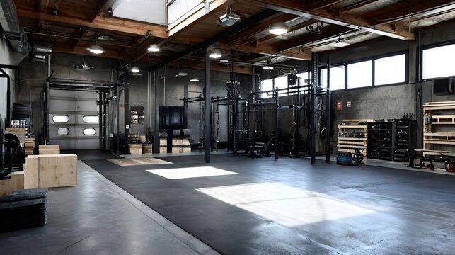 Empty industrial gym interior with fitness equipment
