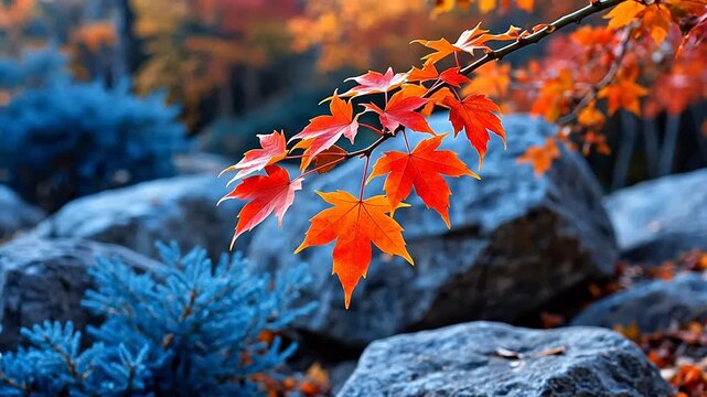 Vibrant orange-red maple leaves against gray rocks
