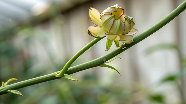 Close up of exotic green flower bud on thick stem with blurred natural background in soft daylight