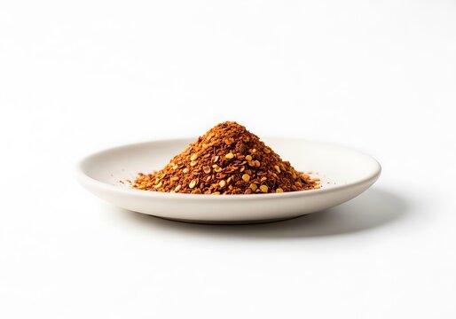 A small mound of vibrant, coarsely ground aleppo pepper piled neatly in the center of a minimalist white ceramic plate against a clean white background