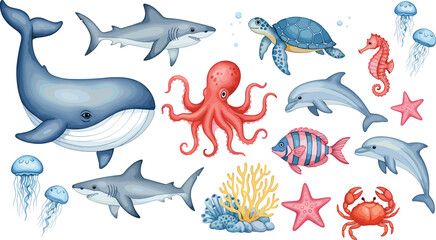 Cute Marine Life Illustration Set Featuring Whale, Shark, Dolphin, Octopus, Turtle, Seahorse, Jellyfish, Crab, Starfish, and Coral for Ocean Themed Designs. © MstSuborna