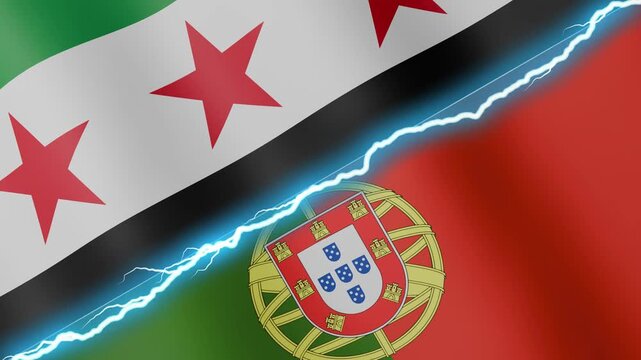 Two waving flags Syria and Portugal with diagonal lightning seamless, 4k loop