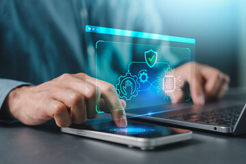Fototapeta premium human-in-the-loop ethical control, Finger touching a smartphone scanning interface with a glowing AI brain, gear, and shield hologram, security verification, biometric trust