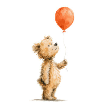 Cute teddy bear playfully holding a red balloon against white background