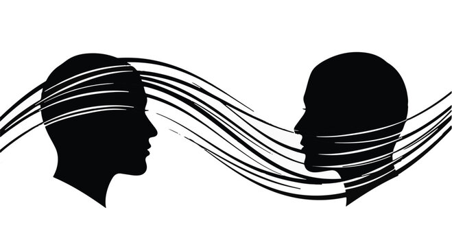 Two abstract silhouettes conveying connection and the flow of ideas between minds.
