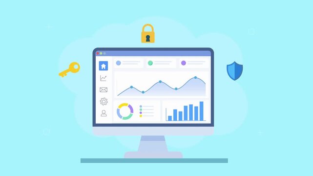Flat vector animation of a desktop analytics dashboard with charts, lock, key, and shield icons. Concept of data security, protection, and safe access in modern business systems.