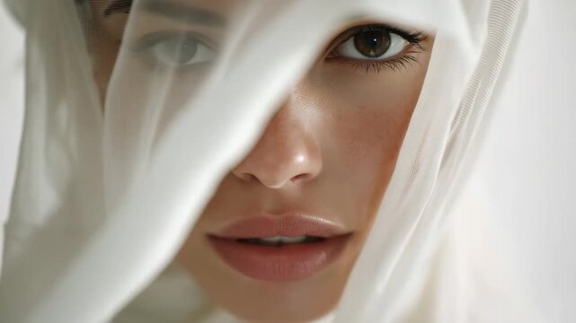 A woman gazes into the camera with striking eyes, partially covered by a sheer scarf. Soft lighting enhances her features, creating an intimate and alluring atmosphere.