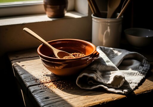 A rustic kitchen scene featuring a ceramic bowl filled with vibrant aleppo pepper flakes and a wooden spoon on a weathered wooden table with sunlight