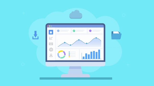 Flat vector animation of a desktop analytics dashboard with charts, cloud, upload arrow, and folder icons. Concept of cloud storage, file management, and data synchronization in business systems.
