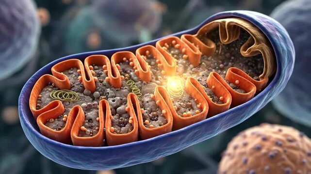 Mitochondrion, essential cell organelle actively generating cellular energy, complex inner membrane cristae producing adenosine triphosphate, metabolic process converting nutrient to chemical power.