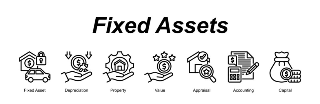 Fixed Assets banner web icon vector illustration concept with an icon of Fixed Asset, Depreciation, Property, Value, Appraisal, Accounting, Capital 