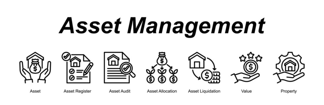 Asset Management banner web icon vector illustration concept with an icon of Asset, Asset Register, Asset Audit, Asset Allocation, Asset Liquidation, Value, Property 