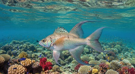 Fototapeta premium Exotic Fish Swimming Over Colorful Coral Reef Underwater Ocean Scene