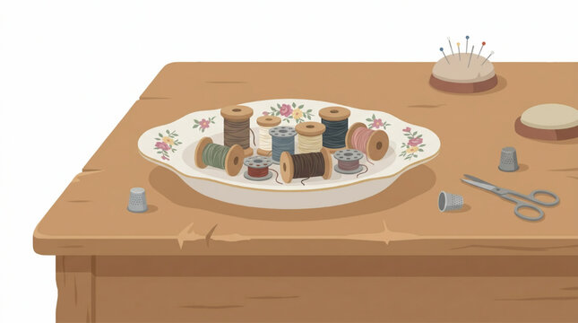 Sewing accessories and thread spools on a wooden table