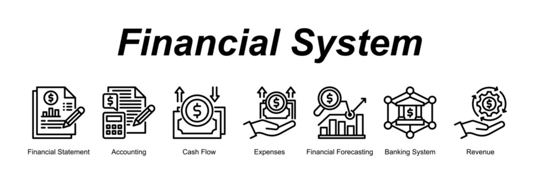 Financial System banner web icon vector illustration concept with an icon of Financial Statement, Accounting, Cash Flow, Expenses, Financial Forecasting, Banking System, Revenue 