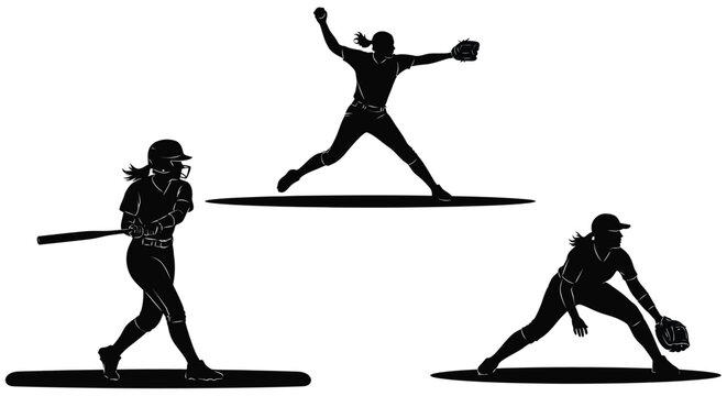 Dynamic silhouettes of female softball players demonstrating various athletic actions during a competitive game