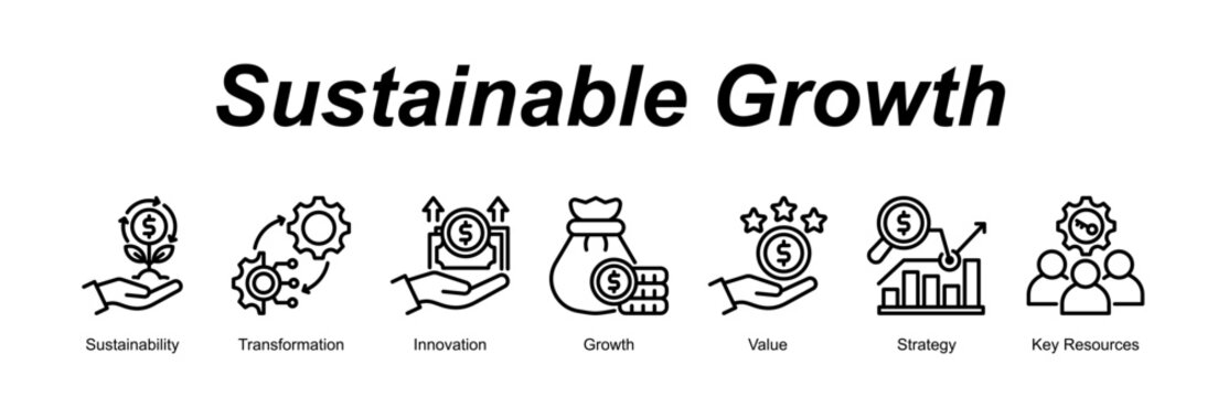 Sustainable Growth banner web icon vector illustration concept with an icon of Sustainability, Transformation, Innovation, Growth, Value, Strategy, Key Resources 