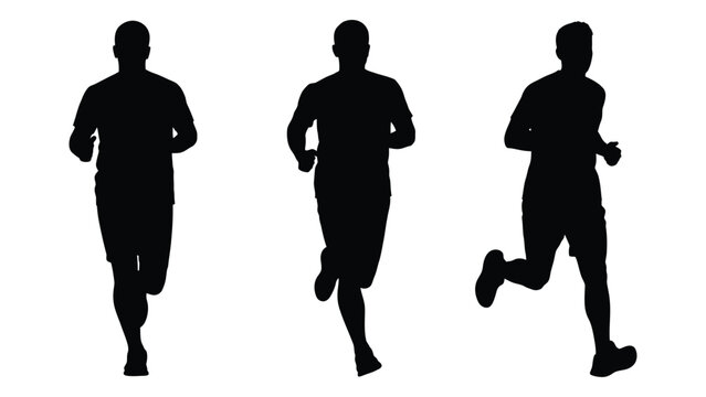 Three runners depicted in silhouette against a stark white background showcasing motion
