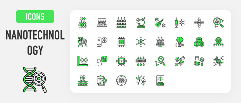Nanotechnology icon. Self Assembly, Carbon Nanotube, Microscope, Dna, Nanoscale, Chemical, Atomic Layer Deposition, Atom, Molecule, Quantum Dot, Cell Pharmacology, Nano Leaf vector. 