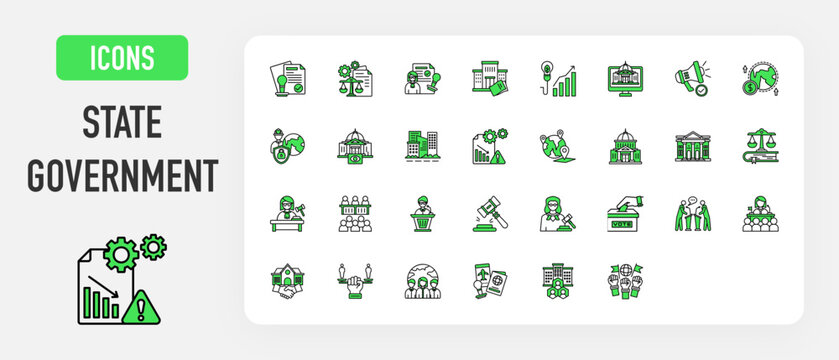 State Government icon. Public Administration, Legal System, Congress, Freedom Of Speech, Passport, Embassy, Society, Department, Capitol, White House, Authority, Constitution, Election vector. 